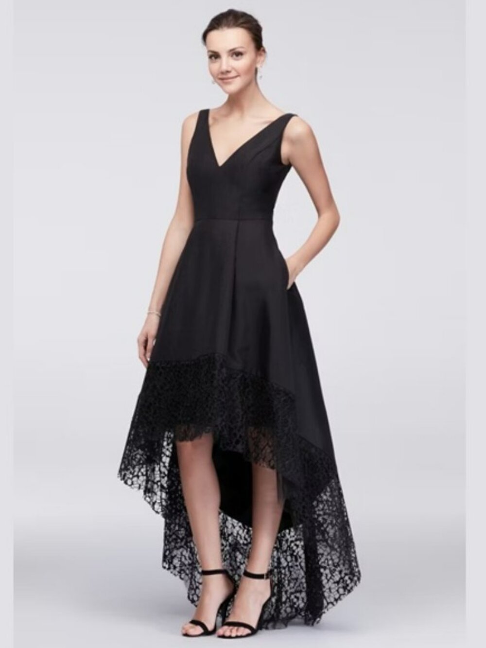 NWT Betsy & Adam Black Taffeta High-Low Ball Gown with Wide Lace Hem Sz 14W